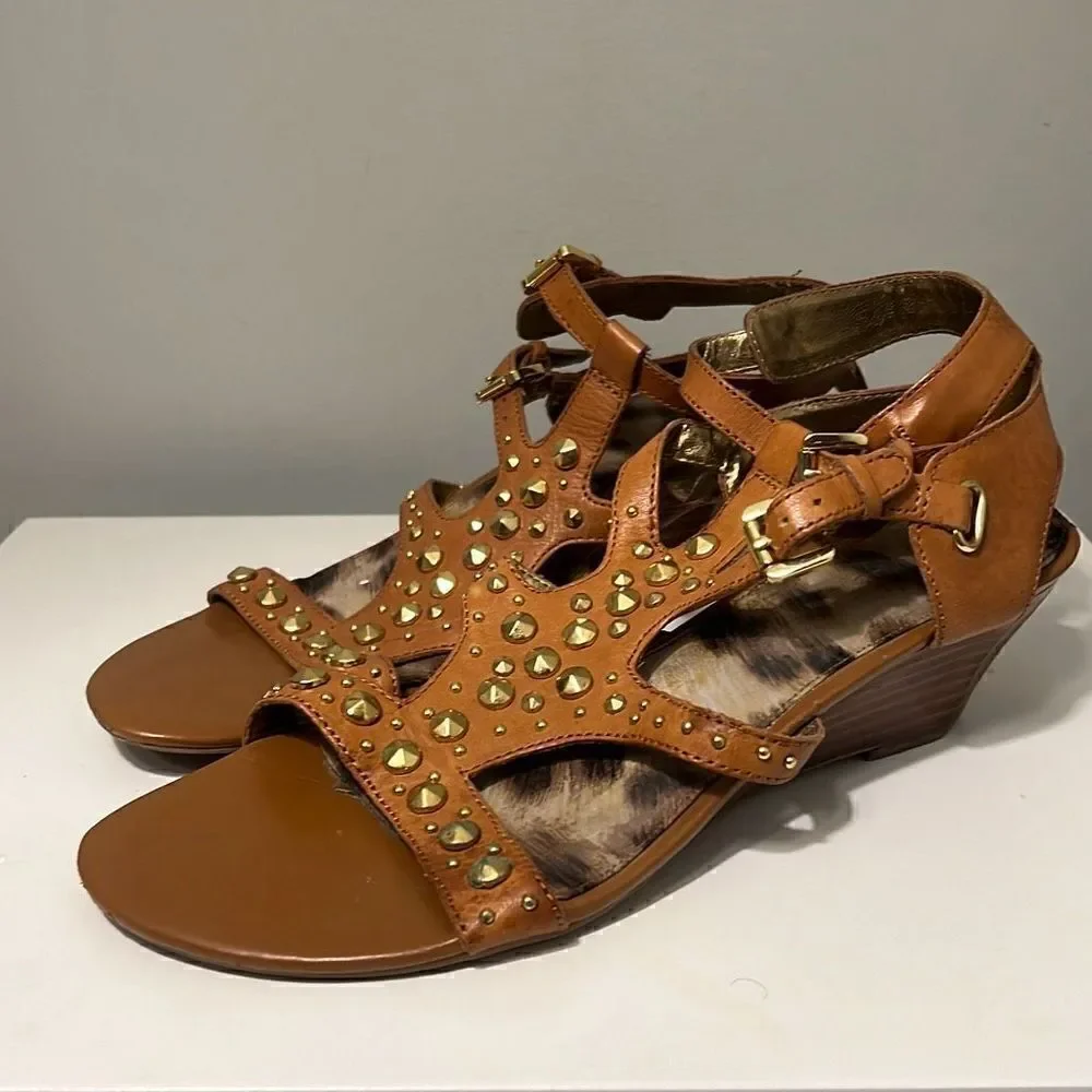 Guess Women's Brown Classic Studded Gold Gladiator Wedge Heel Sandals Size 8 M - Picture 7 of 11